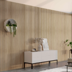 Modern interior with a slatted wood accent wall, white sideboard, and minimalist decor
