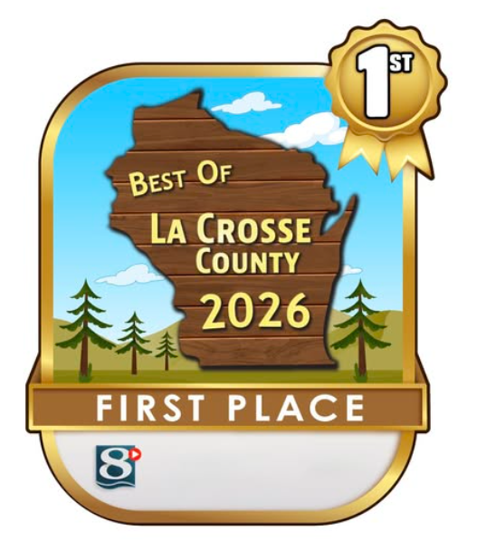 Best of La Crosse County 2026 first-place badge with gold ribbon and sky-blue background