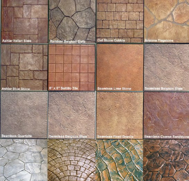 Grid of textured stone and tile samples in brown, tan, gray, and green tones with material labels