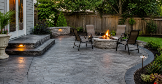 Stone patio with curved seating wall, fire pit, and outdoor chairs in a landscaped backyard.