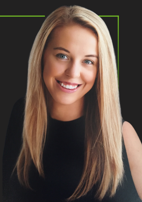 Smiling blonde woman with long straight hair against a dark background, wearing a black top