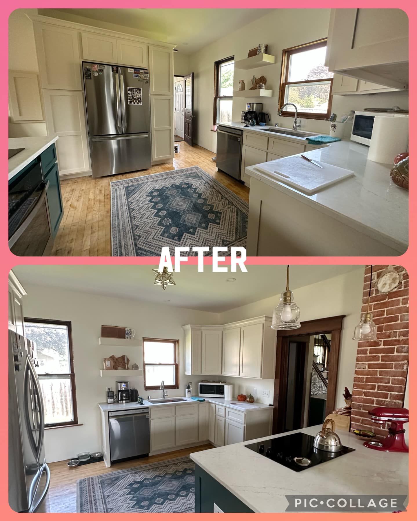 Before-and-after view of a renovated kitchen with stainless fridge, white cabinets, brick wall, and blue rug.