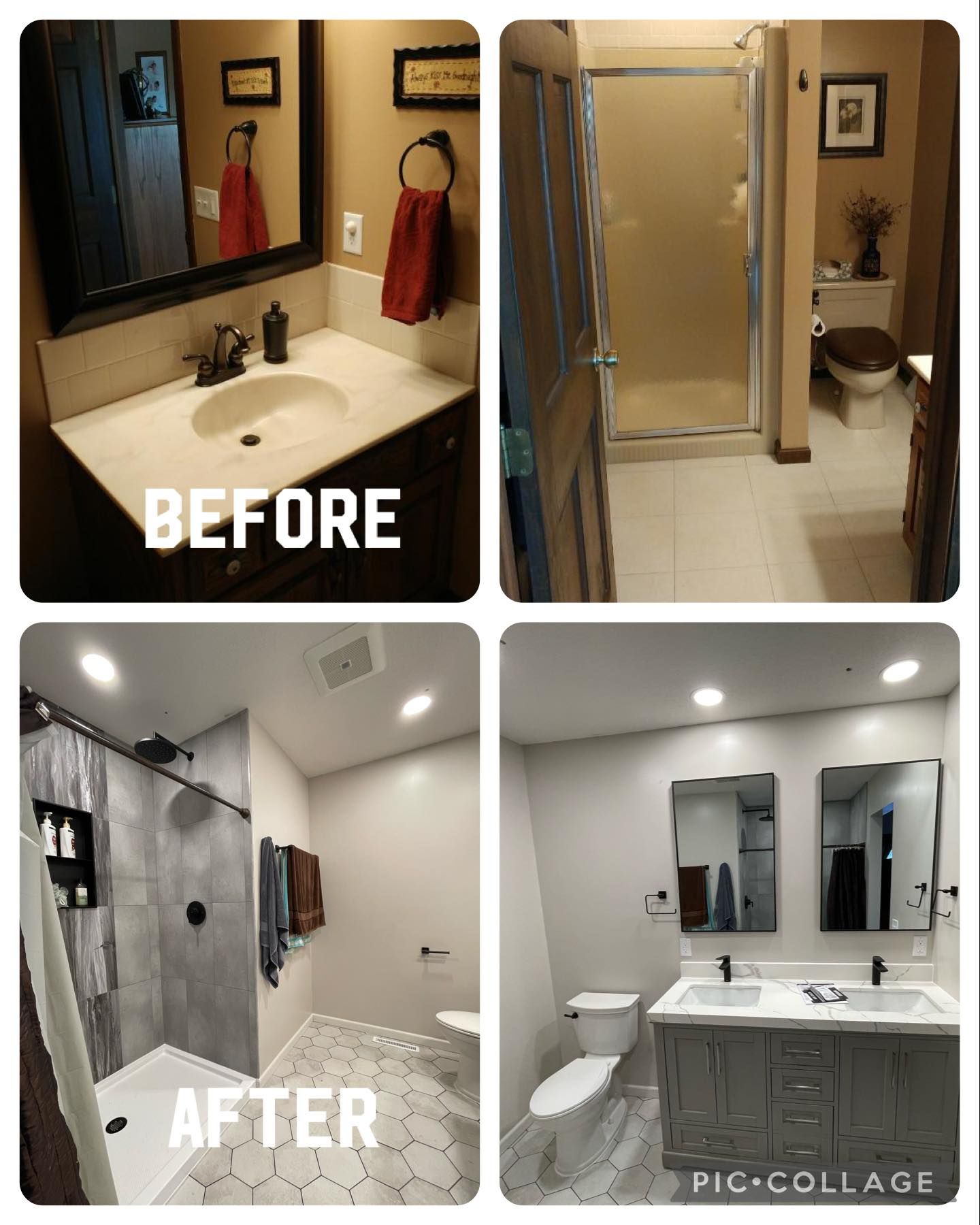 Before-and-after collage of a bathroom remodel with a shower conversion and updated vanity.