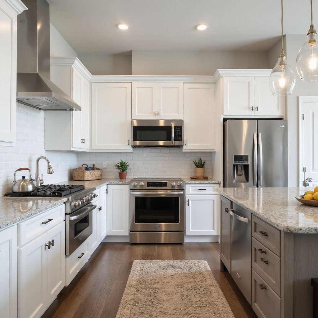 Modern kitchen with white cabinets, stainless steel appliances, and a dark wood floor