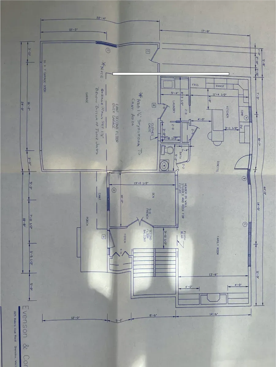 Faded architectural floor plan blueprint with room outlines and measurements on white paper