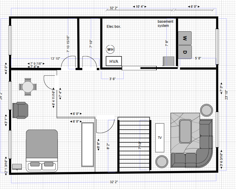 Floor plan of a small apartment with bedroom, living room, kitchen, bath, and stairwell.