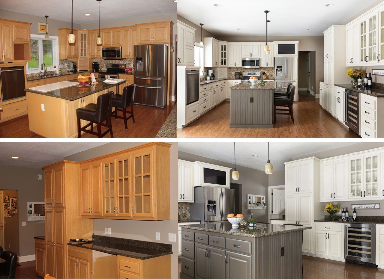 Collage of four modern kitchen remodels with wood and white cabinetry, islands, and pendant lights
