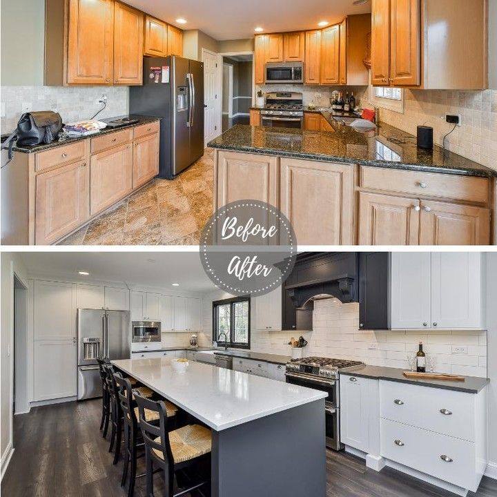 Before-and-after kitchen remodel with wood cabinets changed to white cabinets and a black island.