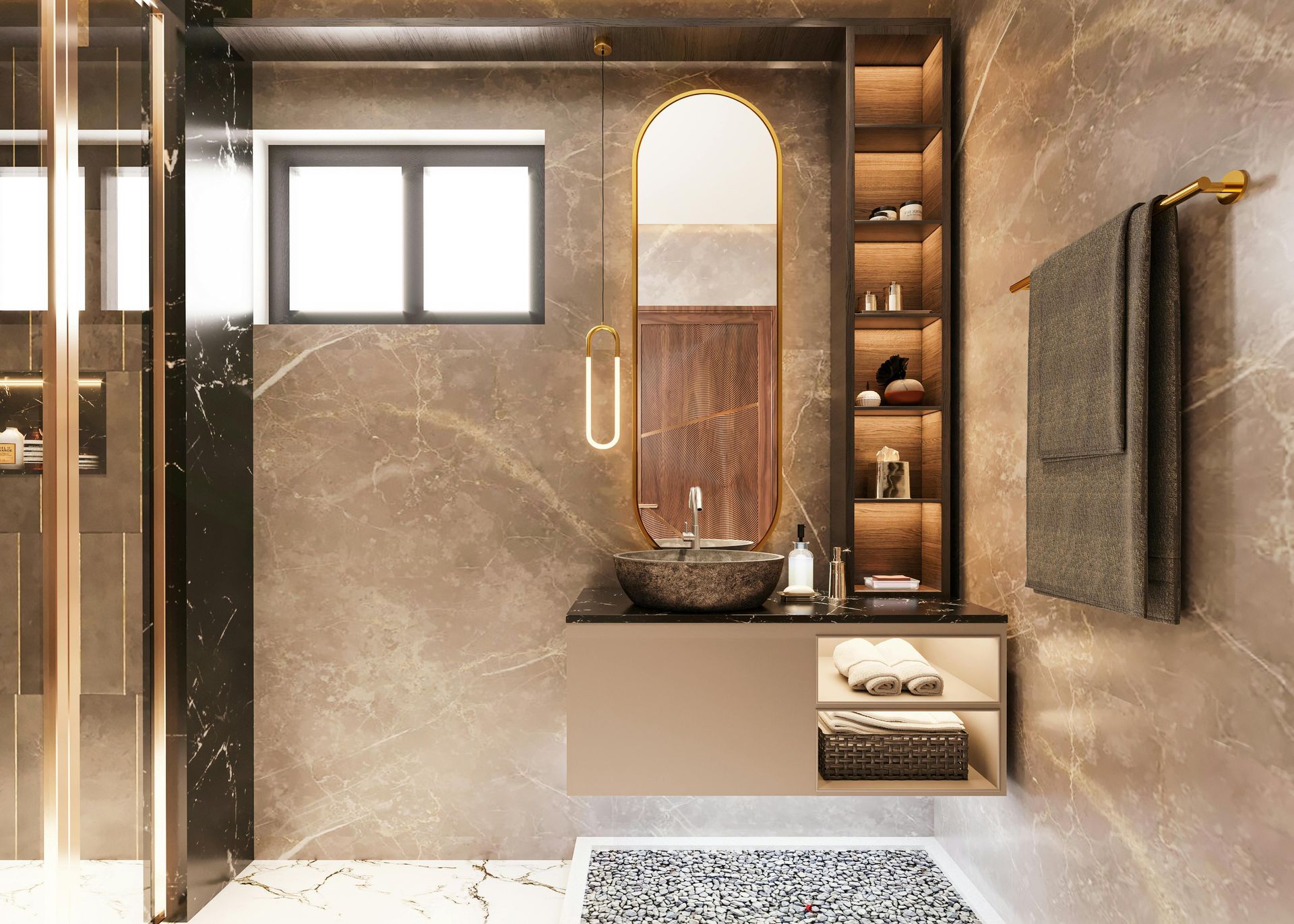 Modern beige bathroom with glass shower, arched mirror, floating sink, and towel rack
