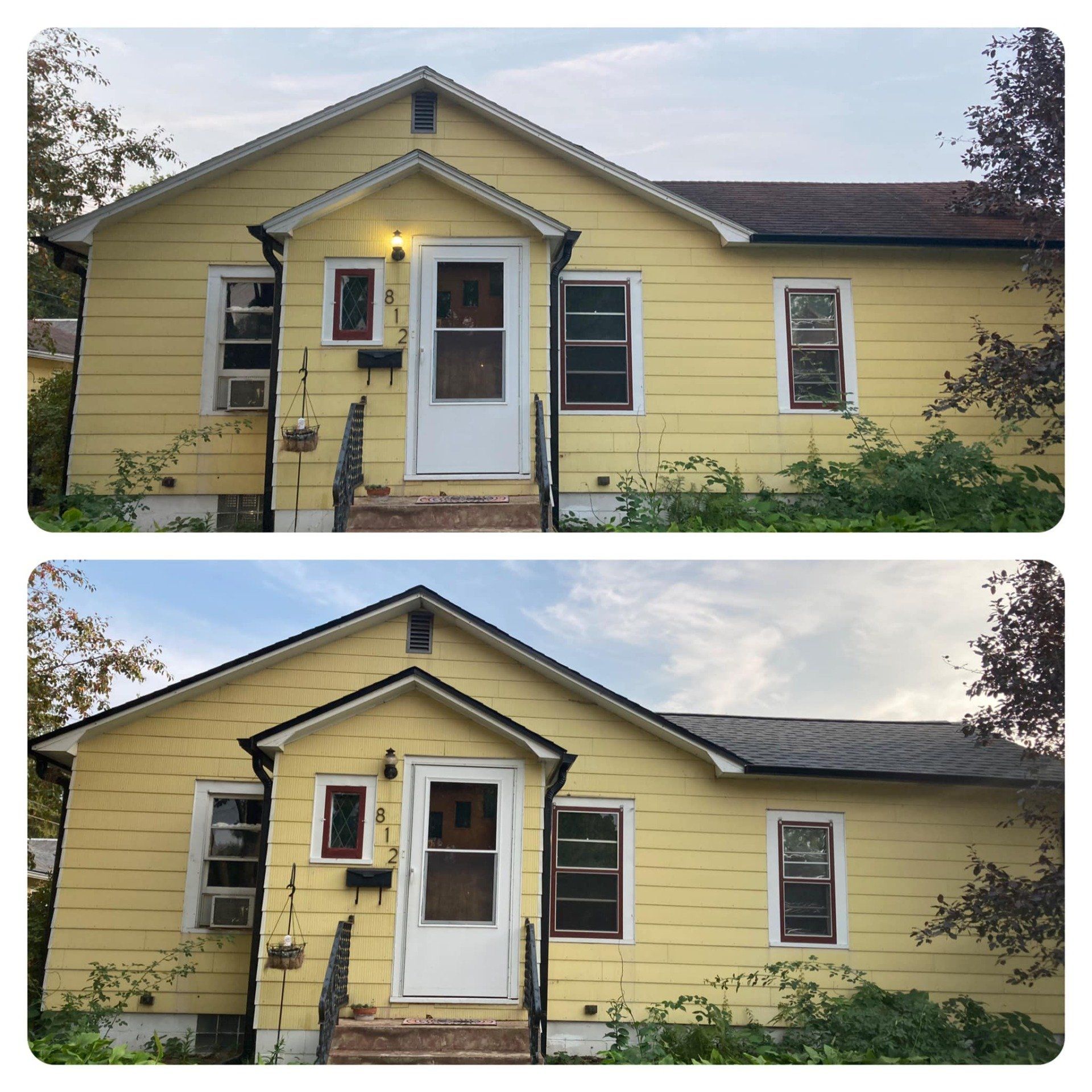 Two views of a yellow house front with white door, porch light, and windows under a gabled roof.