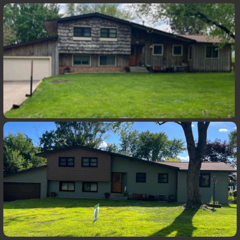 Two exterior views of a suburban split-level house with a green lawn and trees.