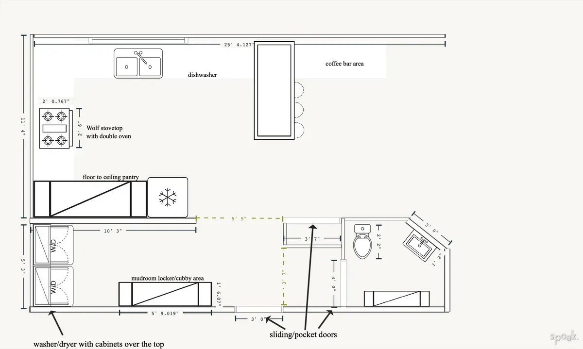 Technical architectural floor plan with labeled cabinetry, counters, and appliance layouts in black and white.