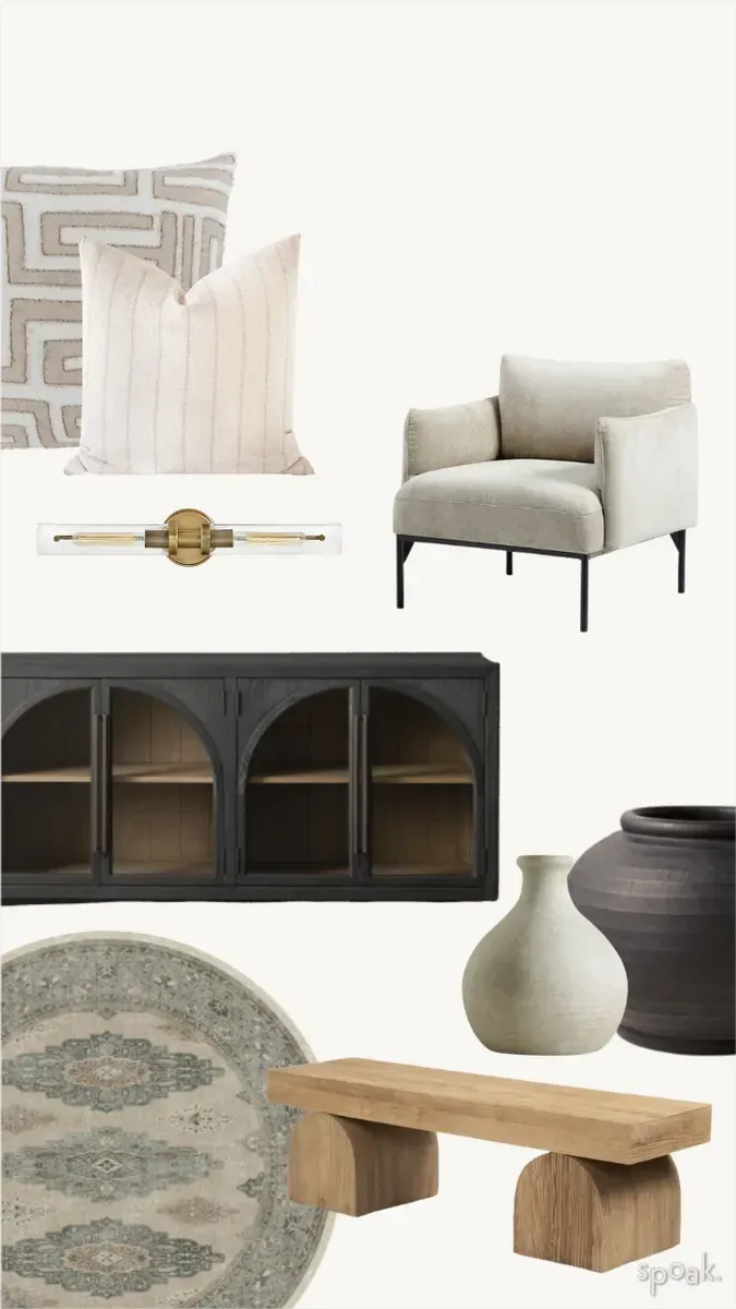 Collage of neutral home decor: pillows, chair, cabinet, vases, rug, and wooden bench on a white background