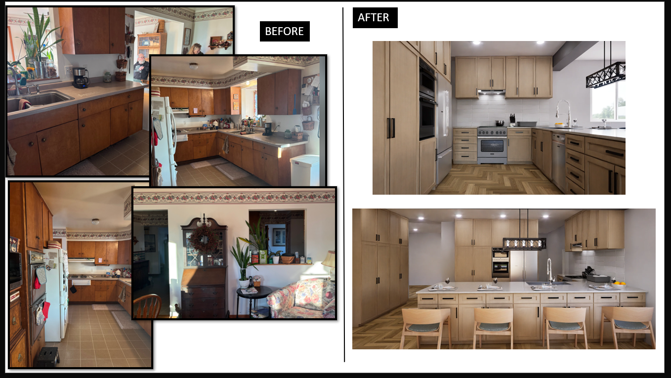 Before-and-after kitchen remodel collage showing dark wood transformed into a bright white modern kitchen.