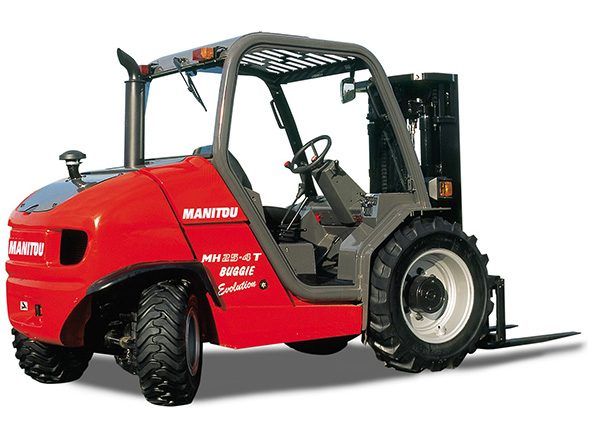 A red forklift with the word manitou on the side