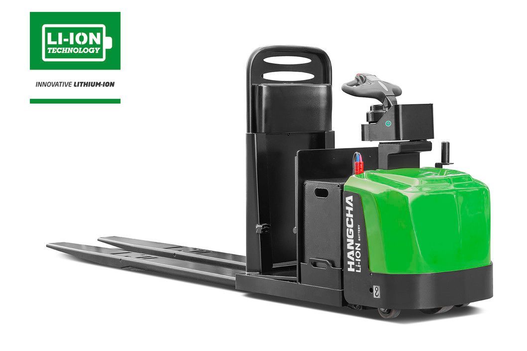 Transpalette électrique vert et noir avec logo de batterie « Li-ion ».