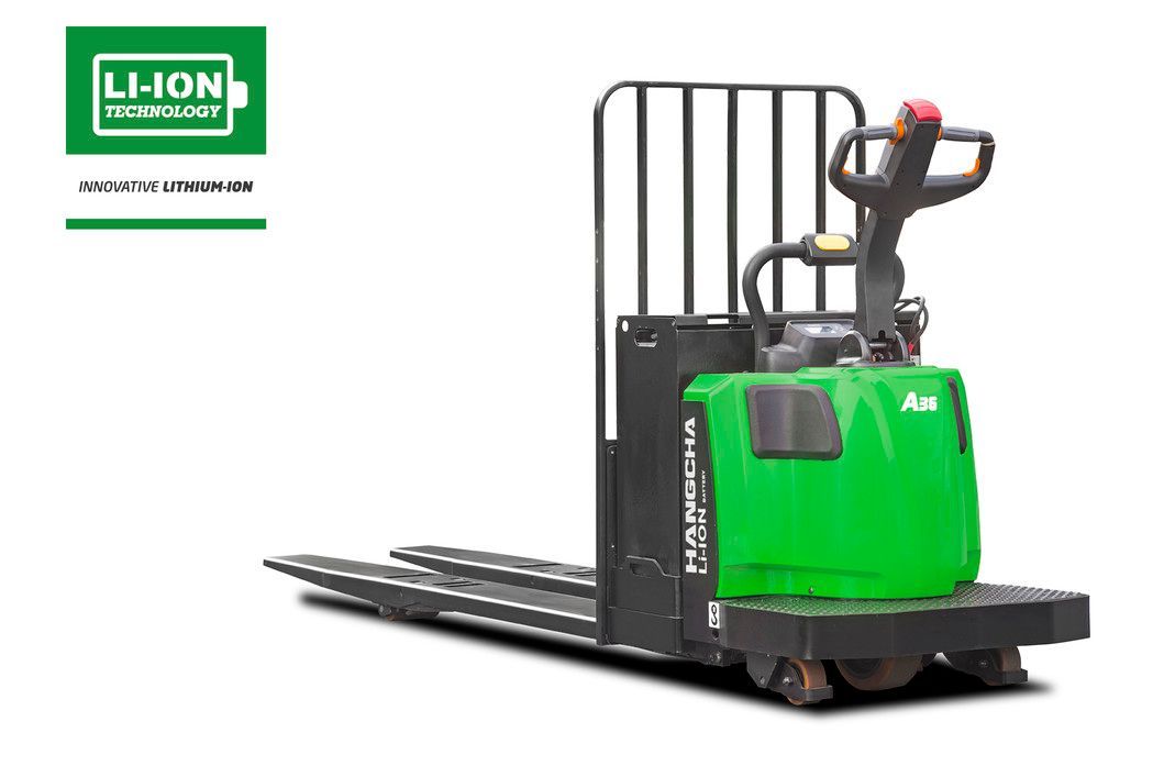 Transpalette électrique vert et noir avec symbole de batterie Li-ion.