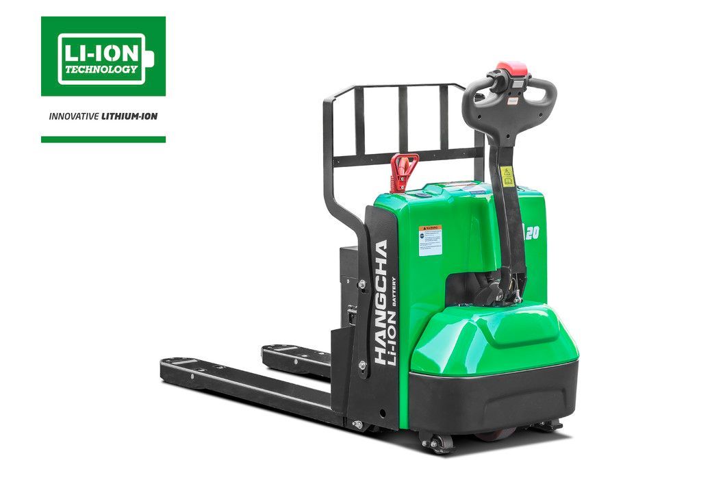 Transpalette électrique vert avec fourches noires, symbole de batterie « Li-ION ».