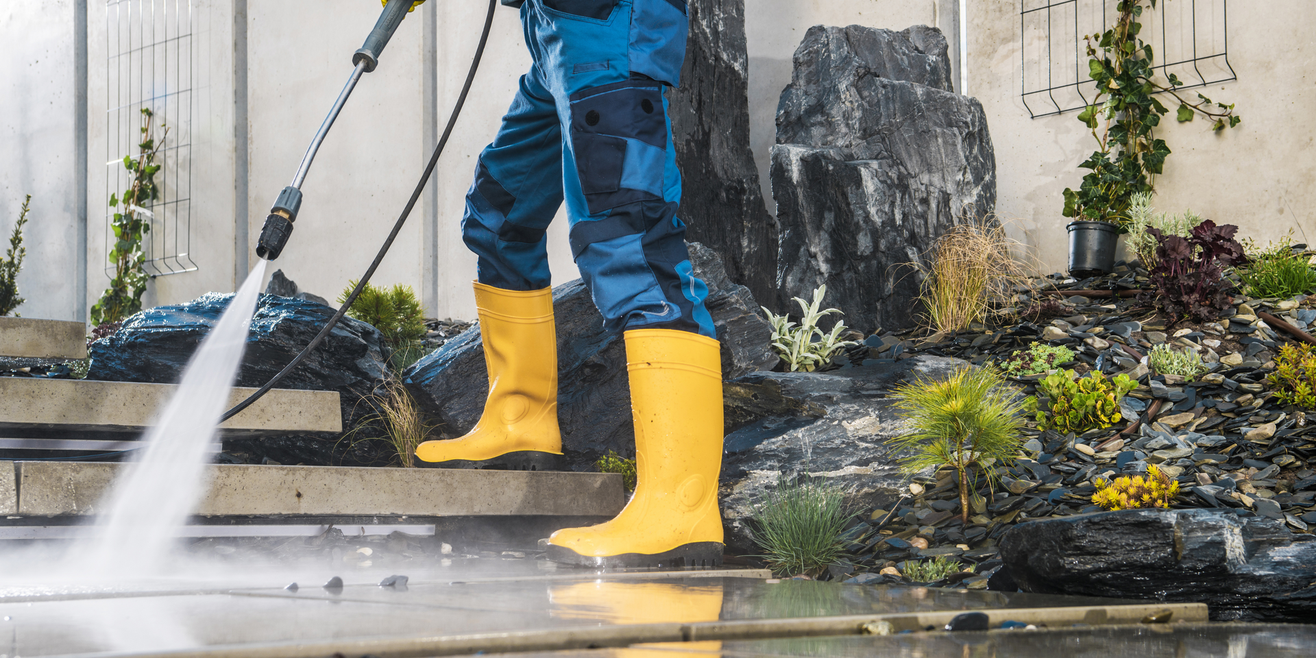 Person in yellow boots and blue overalls using a pressure washer on a patio. Rock garden and wall in background.