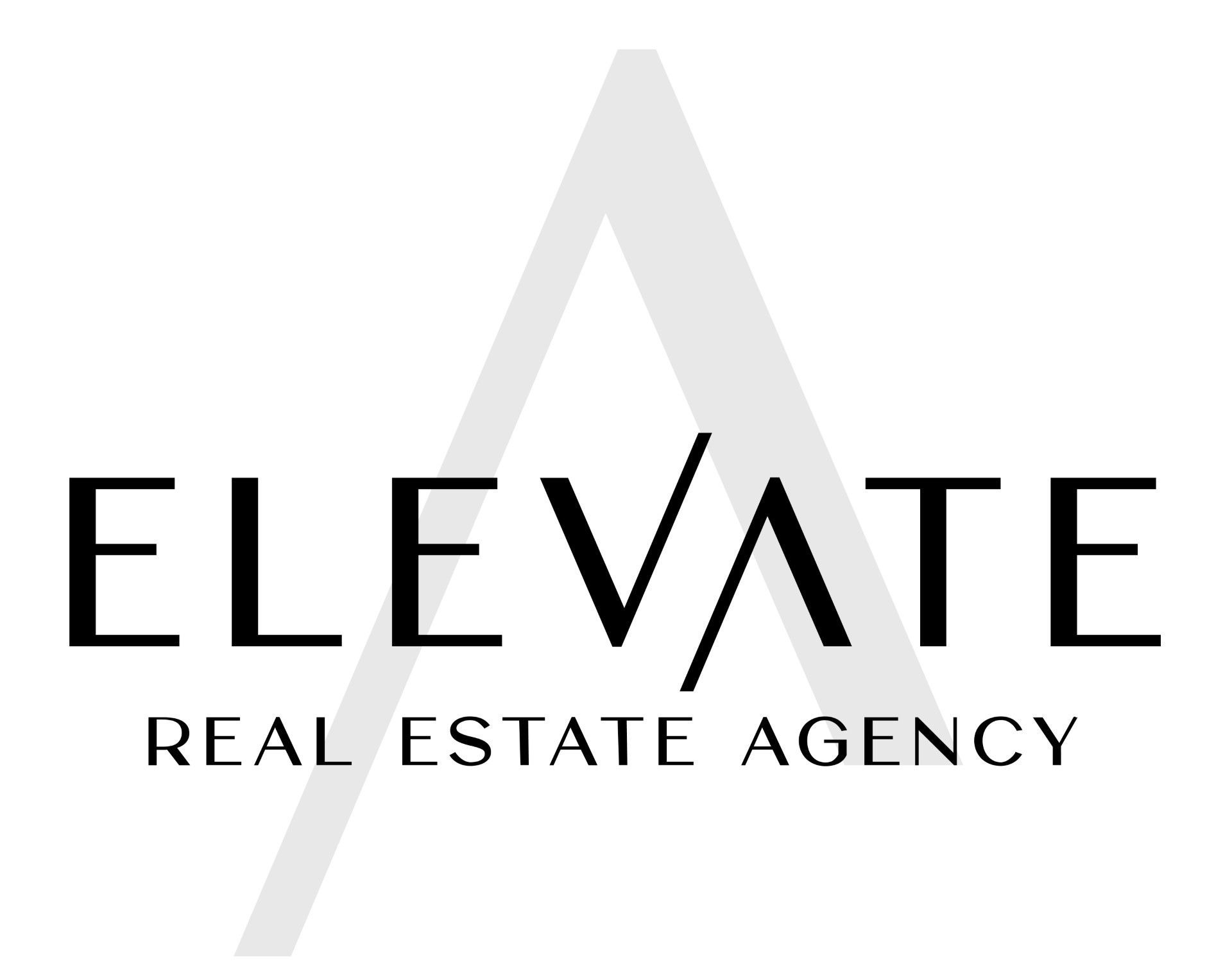 Elevate Real Estate Agency logo with black text and a light gray stylized triangle background