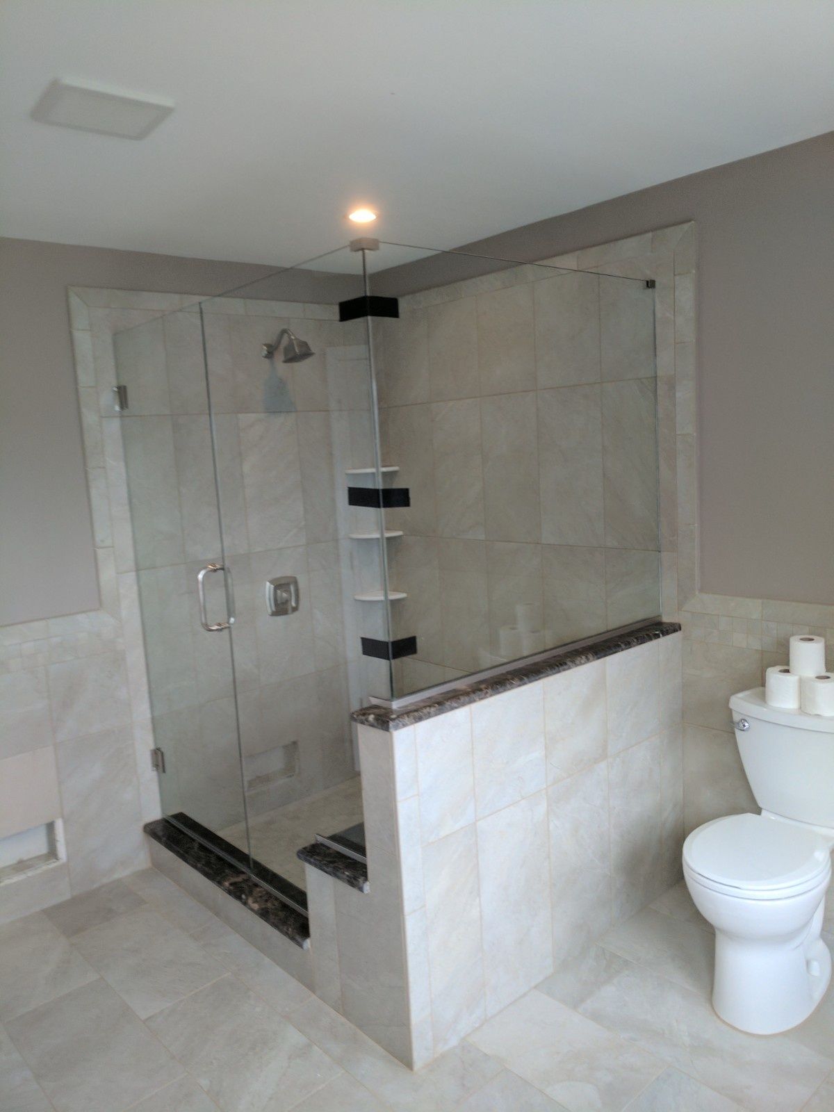 A modern bathroom features a glass-enclosed shower with tiled walls, corner shelving, and a toilet to the right.