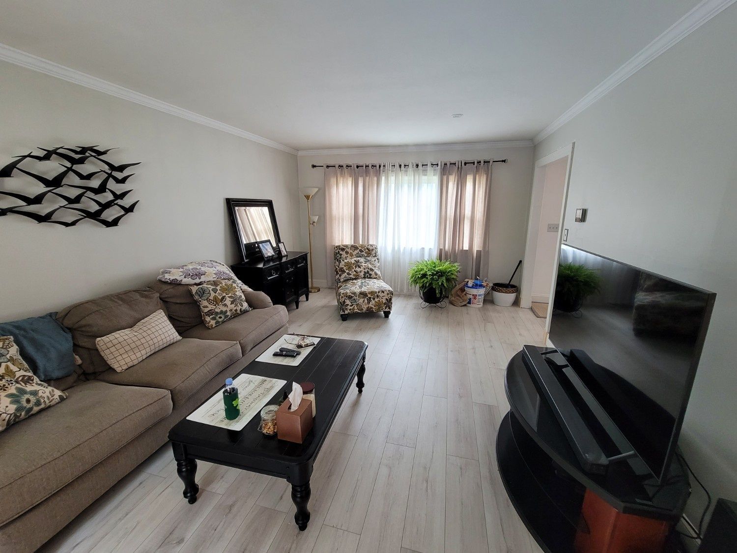 A furnished living room with a brown couch, a black coffee table, a patterned armchair, and a television.