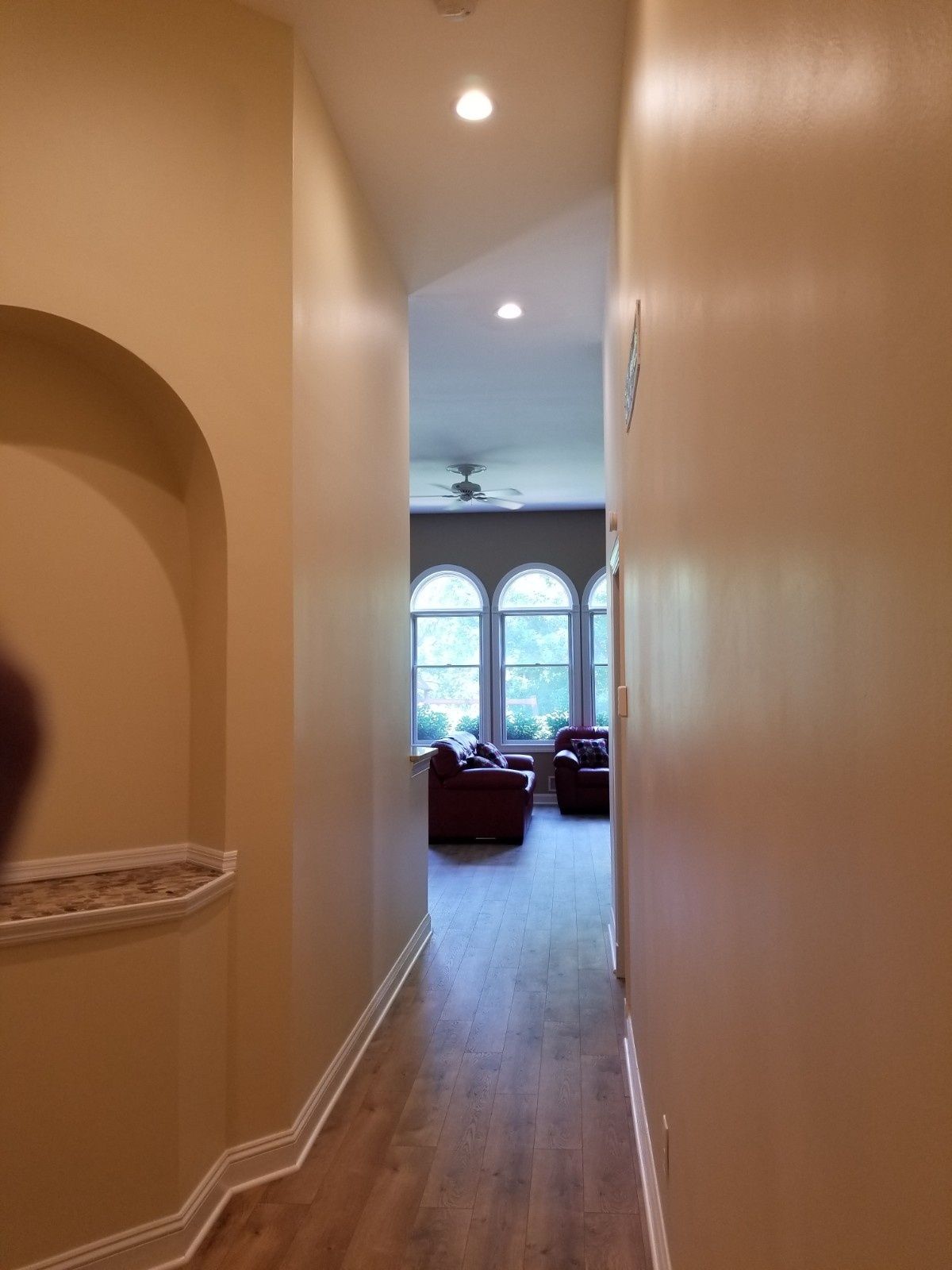 A hallway with tan walls and light wood floors leads into a bright living room featuring a large arched window.