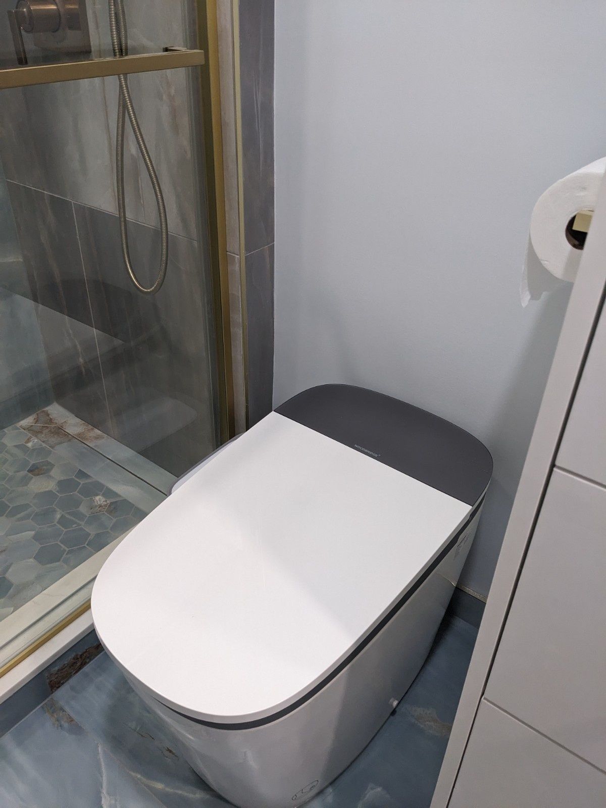 A modern white and gray toilet positioned in a bathroom next to a glass-walled shower and a toilet paper roll.