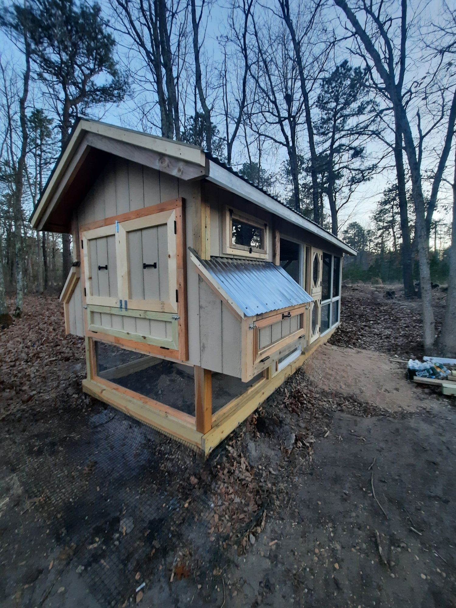 A tan wooden chicken coop with a metal roof and nesting boxes, situated in a clearing among trees at dusk.