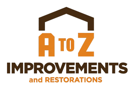 Logo for A to Z Improvements and Restorations featuring brown roof icon above orange text with brown text below.
