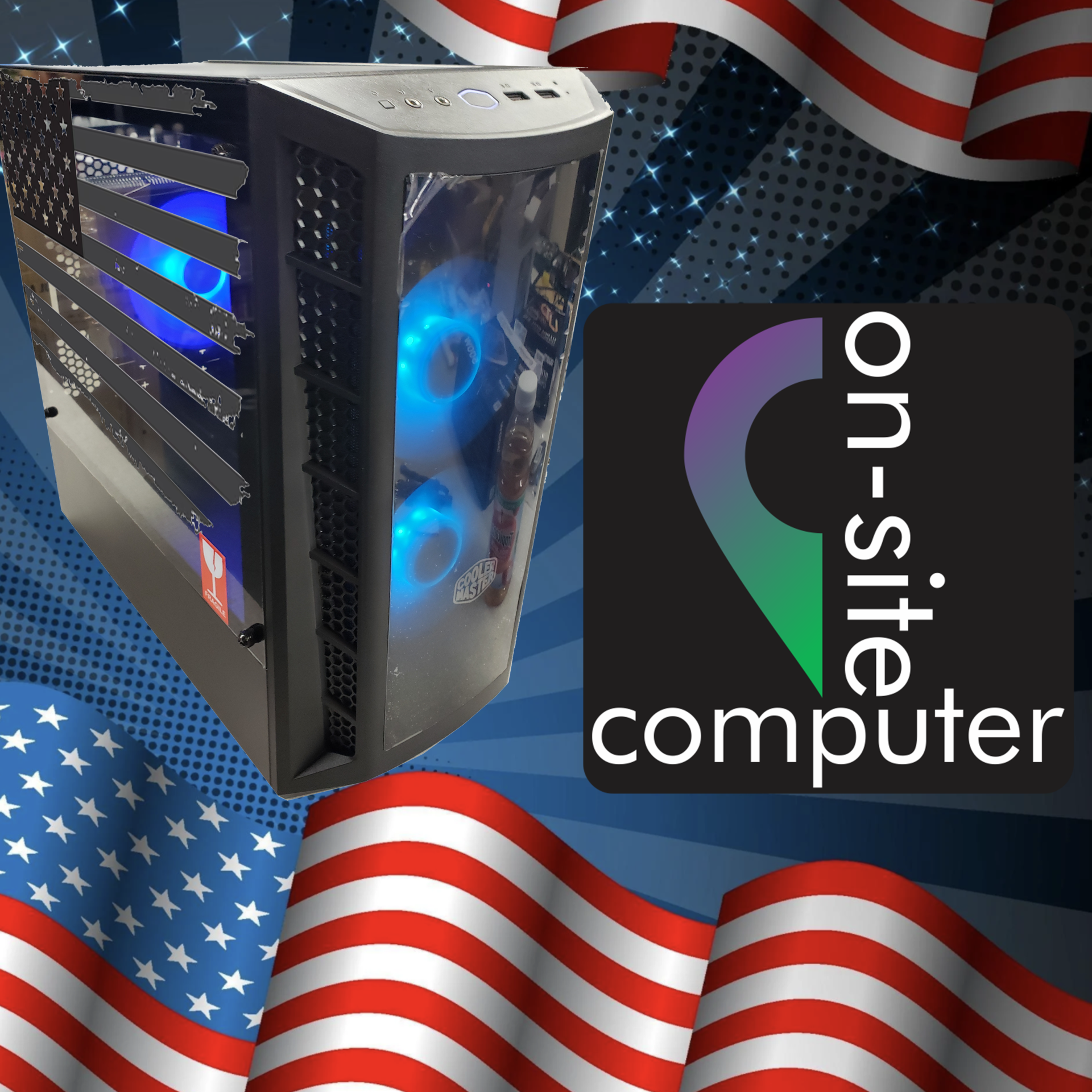 An advertisement for on-site computer with an american flag in the background