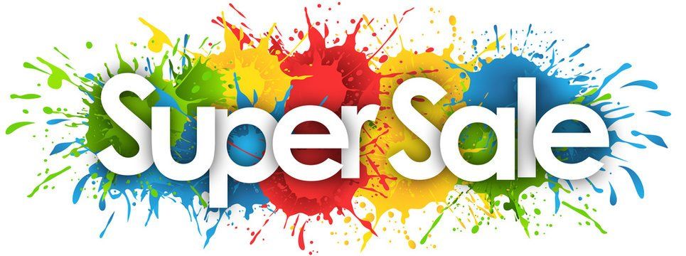 The word super sale is surrounded by colorful splashes of paint.