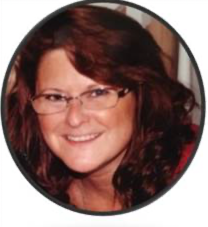 A woman wearing glasses is smiling in a circle