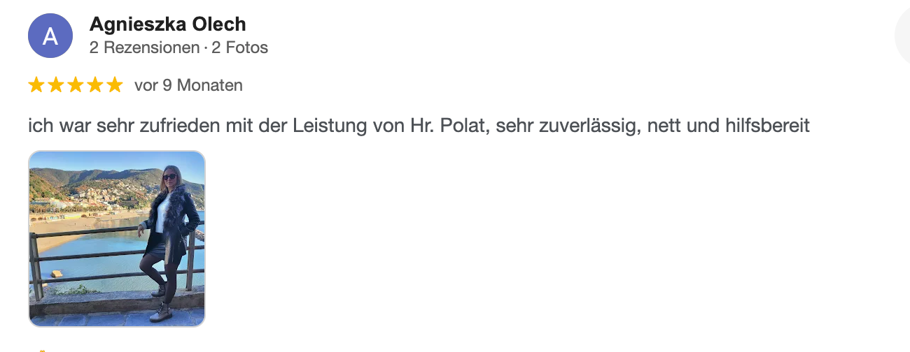 Eine Rezension von Agnieszka Olech, inklusive eines Fotos einer Person, die neben einem Gewässer steht.