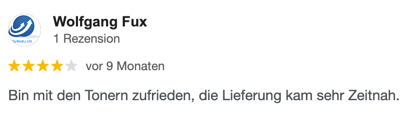Rezension von Wolfgang Fux: 5 Sterne, zufrieden mit dem Toner, pünktliche Lieferung.