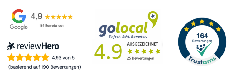 Logos, die die Bewertungen auf Google, Review Hero, GoLocal und Trustami anzeigen.