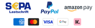 Logos für die Zahlungsmethoden: SEPA, PayPal, Amazon Pay, American Express, Mastercard, Visa, Google Pay und Klarna.