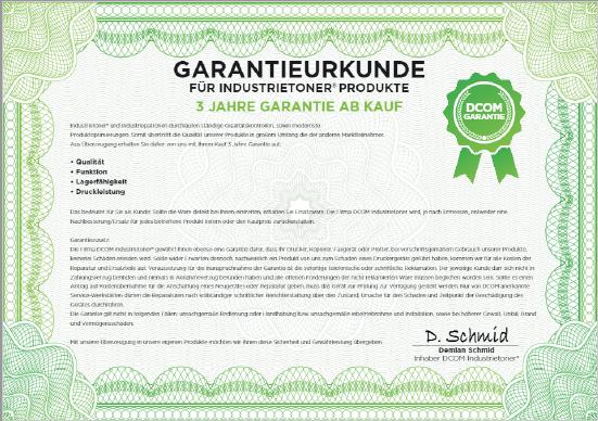 Deutsches Garantiezertifikat für industrielle Tonerprodukte mit 3 Jahren Garantie ab Kaufdatum. Grüne Ränder und grünes Logo.