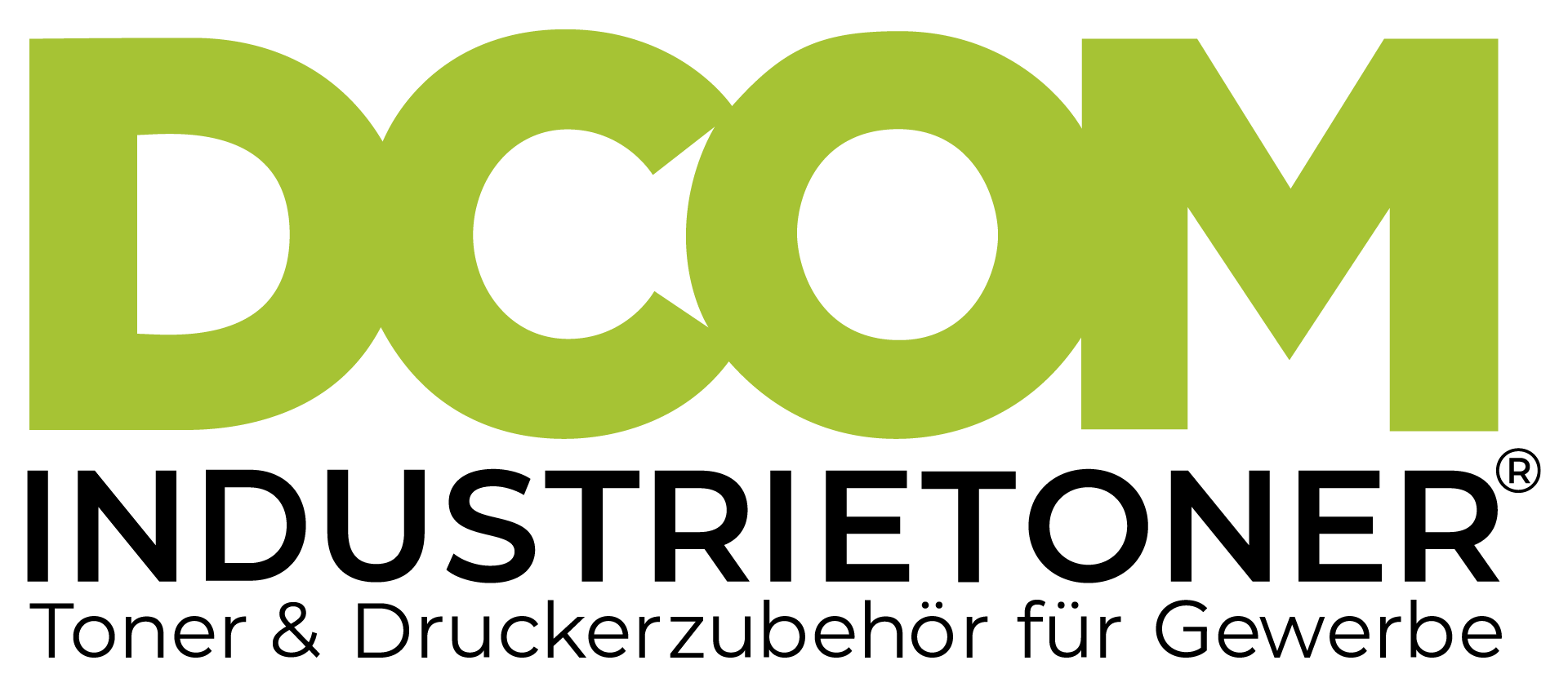 Logo for DCOM INDUSTRIETONER, green letters on top, black text below