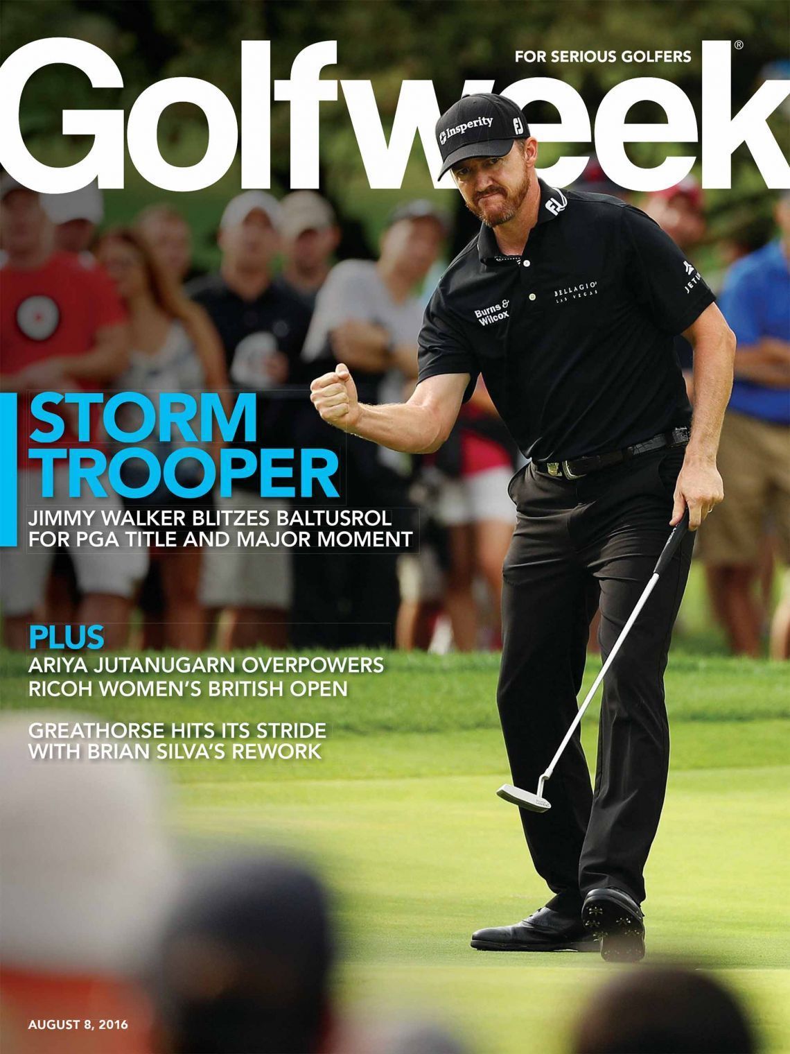 A man is holding a golf club on the cover of a golf magazine.