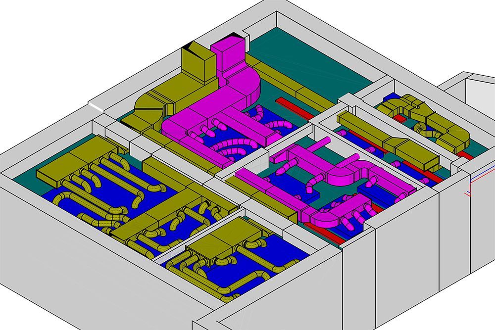 Farbcodierter 3D-Grundriss eines Gebäudeinneren mit blauen, magentafarbenen, gelben und türkisfarbenen Räumen und Fluren