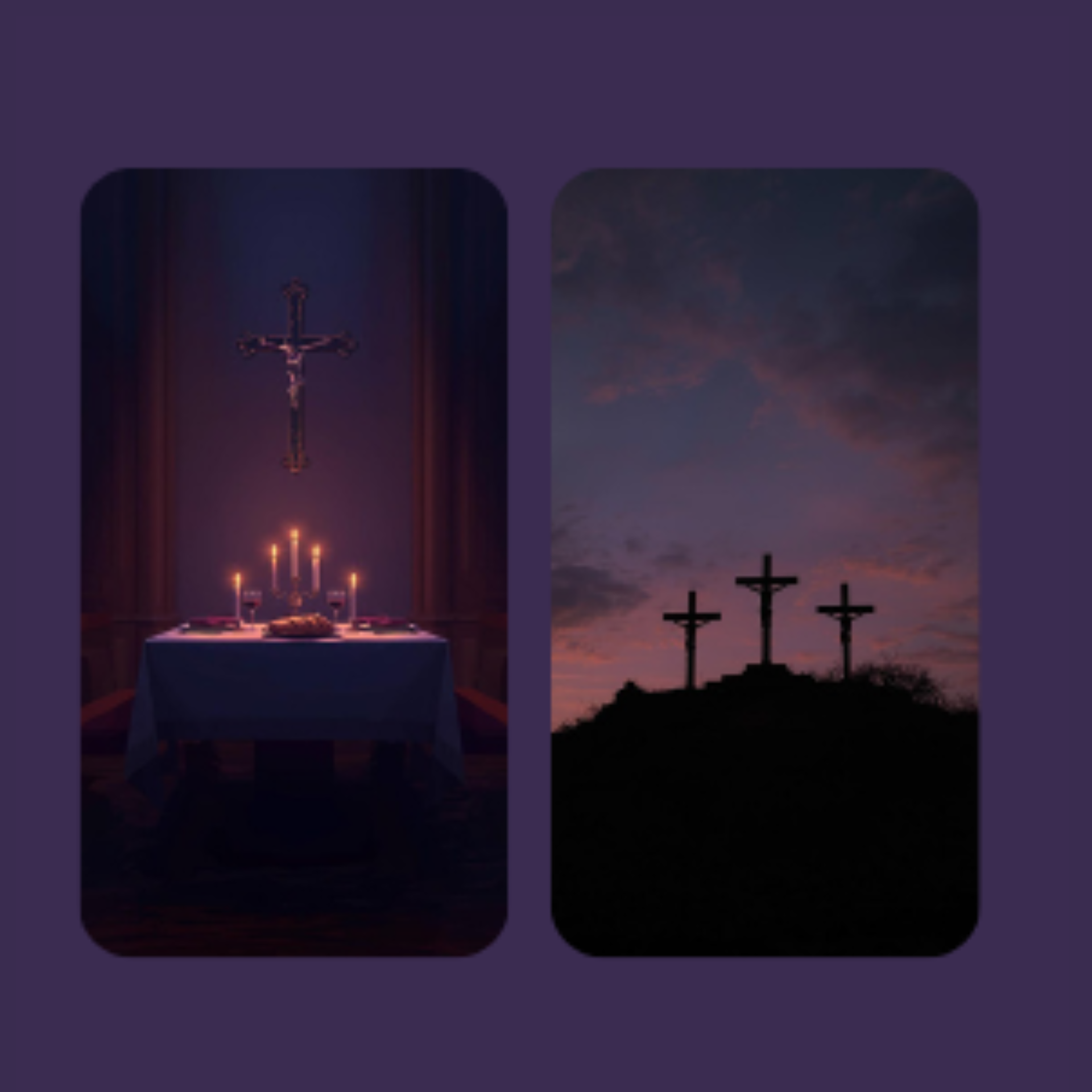 Pictures of a communion table and 3 crosses.
