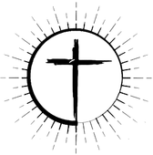 Black cross with sunburst rays inside a broken circle on a white background