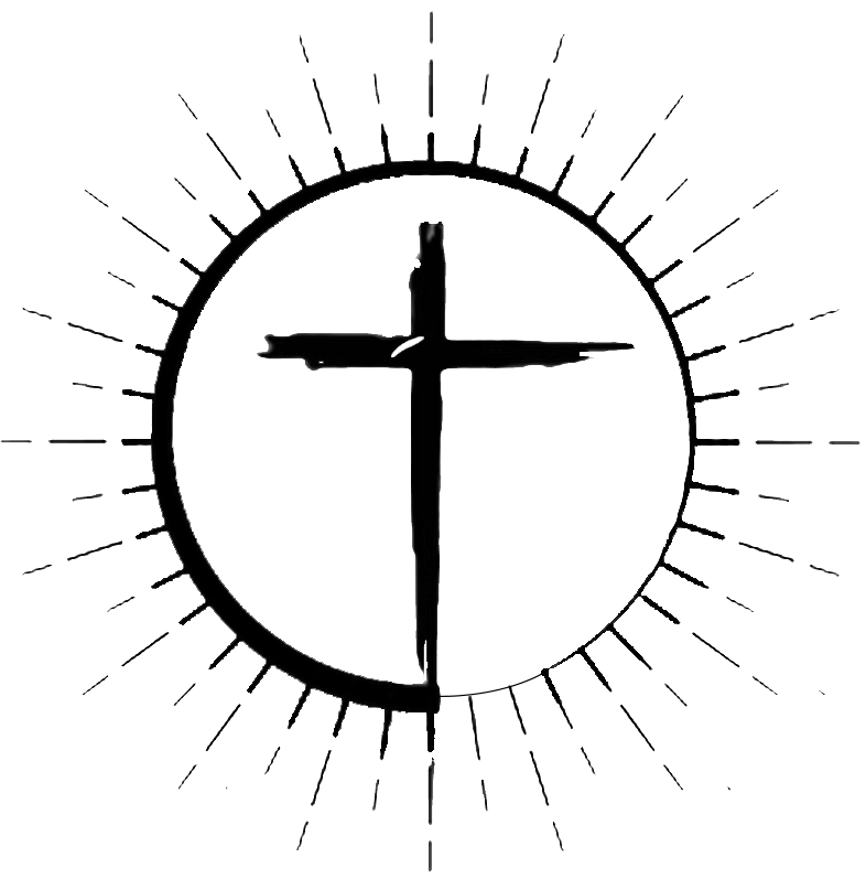 Black cross with sunburst rays inside a broken circle on a white background