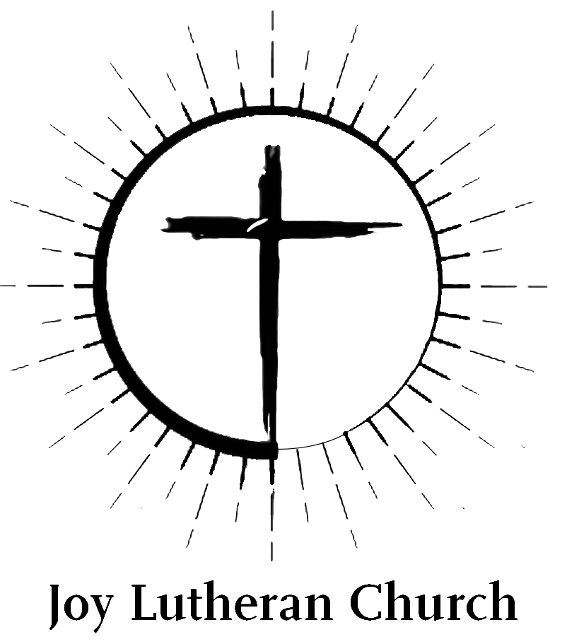 The logo for joy lutheran church is a cross in a circle with rays coming out of it.