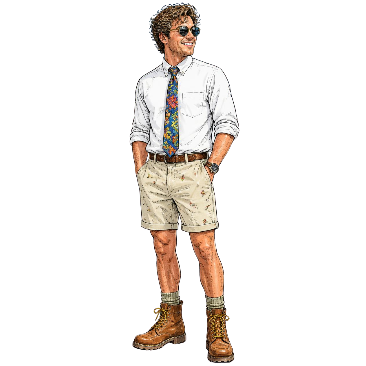Man dressed in shorts, shirt, tie, and boots