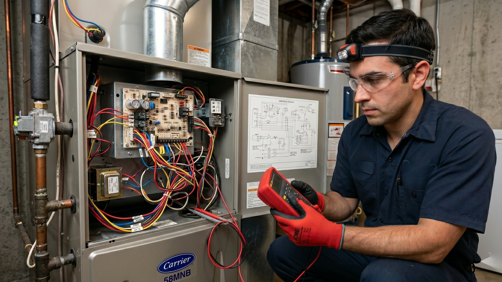 HVAC technician checking system efficiency and repair issues