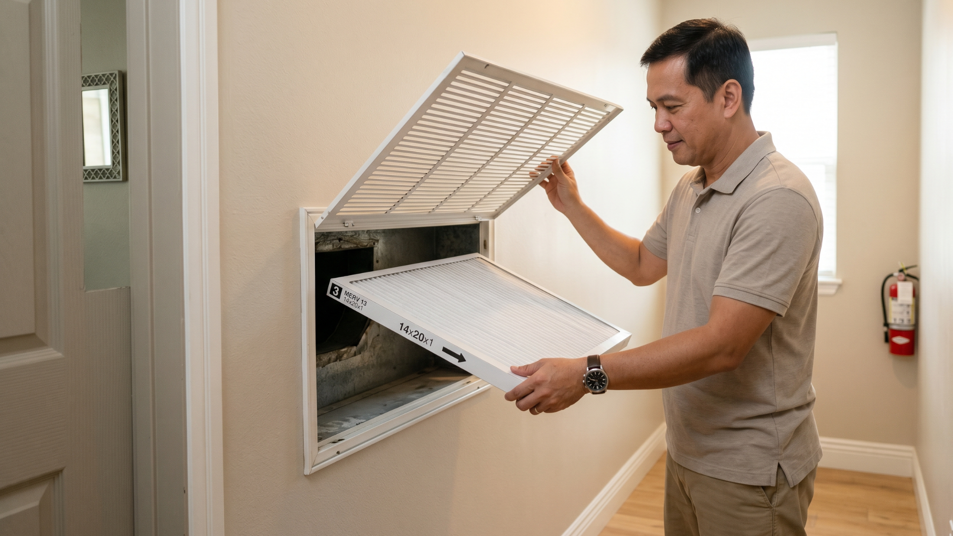 homeowner replacing HVAC air filter for better system efficiency