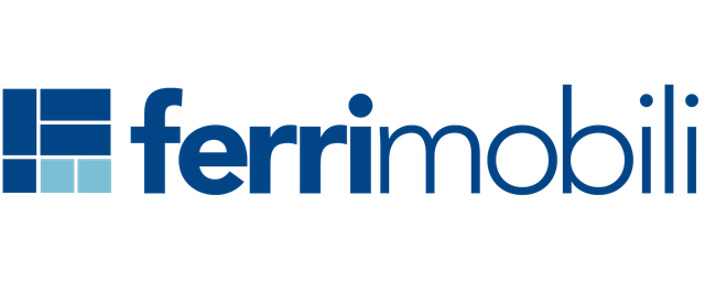 Logo ferrimobili con disegno geometrico blu e azzurro e testo blu scuro.