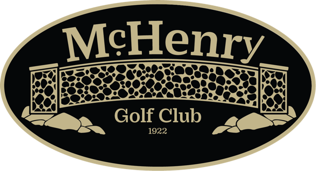 Logo for McHenry Golf Club, featuring a stone bridge illustration with gold text on a black oval background.